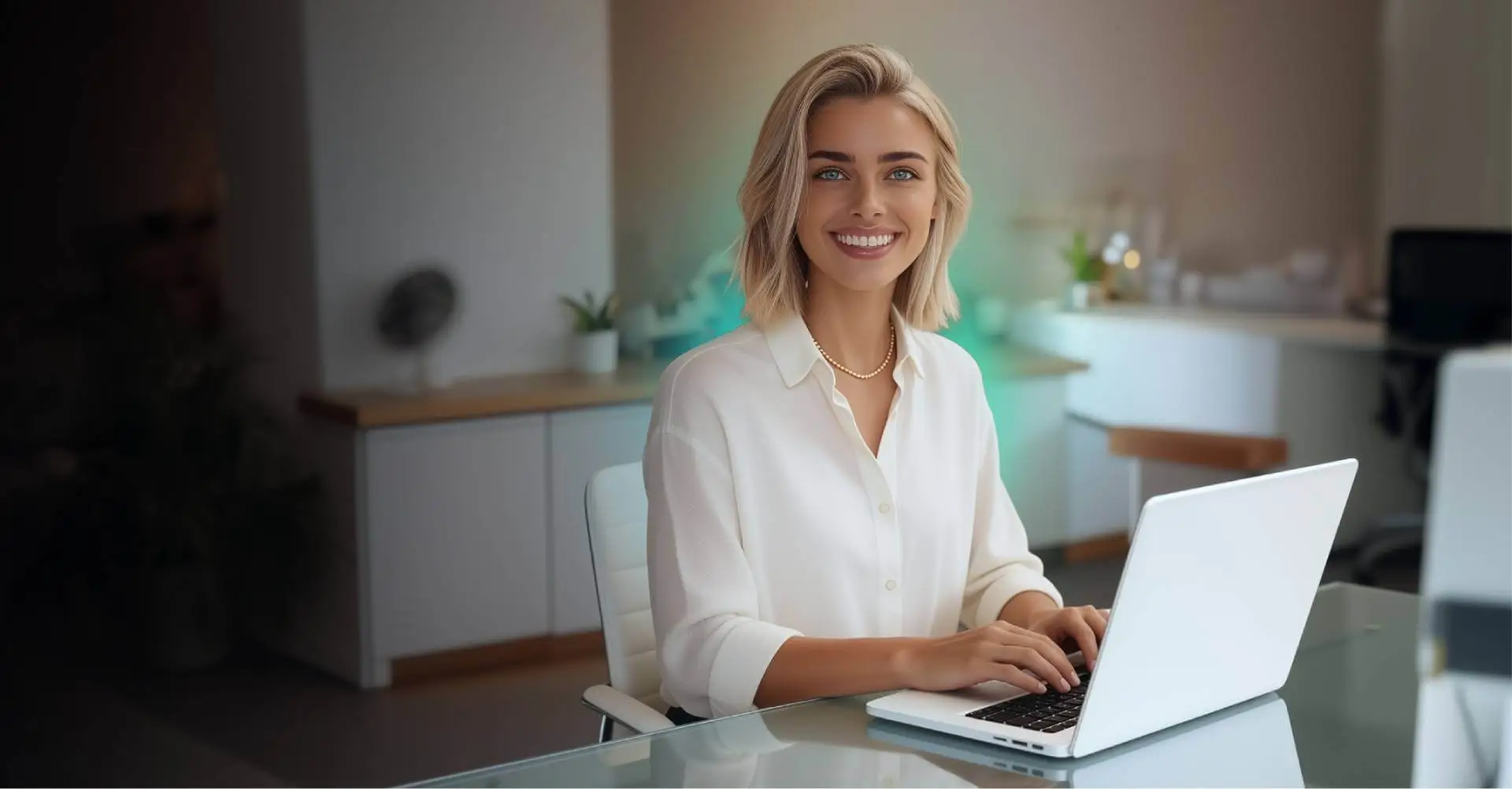 A woman working at a laptop in a bright office