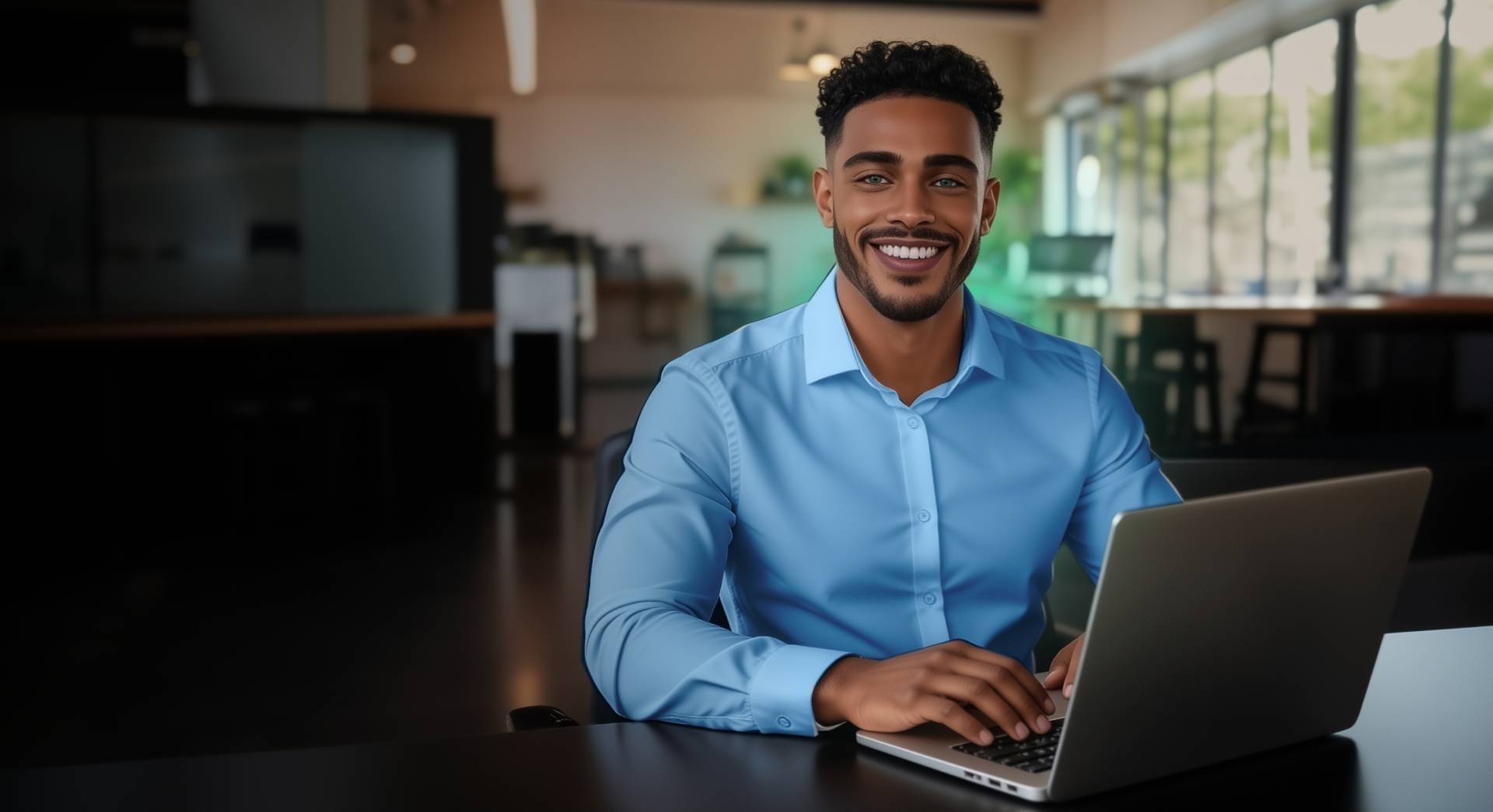 A man working at a laptop in a bright office